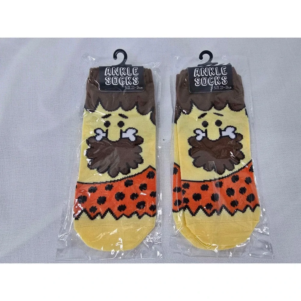 2 Pairs Caveman Novelty Ankle Socks Yellow Orange Prehistoric Bone Beard 23-26cm